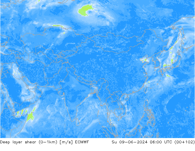 Deep layer shear (0-1km) ECMWF Dom 09.06.2024 06 UTC