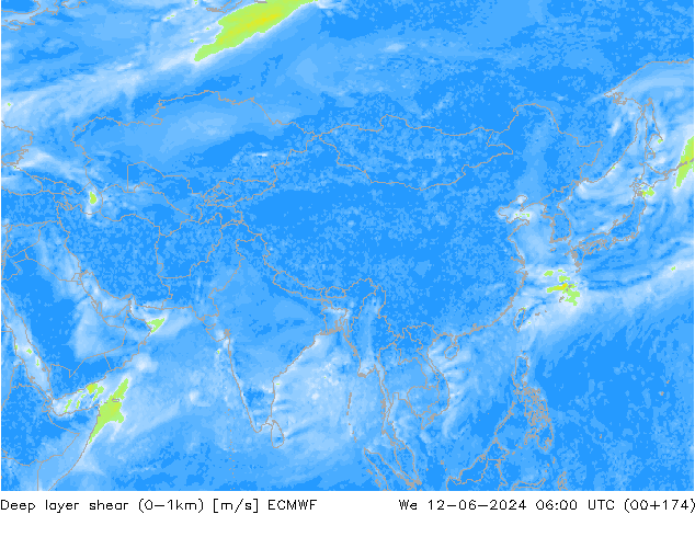 Deep layer shear (0-1km) ECMWF ср 12.06.2024 06 UTC