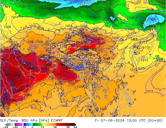 SLP/Temp. 850 hPa ECMWF Fr 07.06.2024 12 UTC