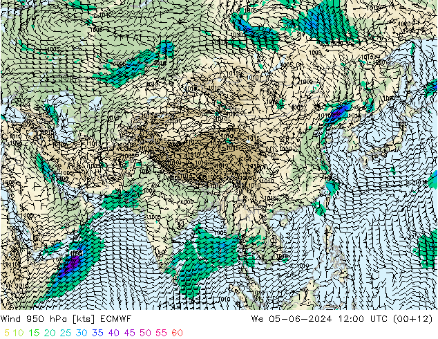 Prec 6h/Wind 10m/950 ECMWF mer 05.06.2024 12 UTC