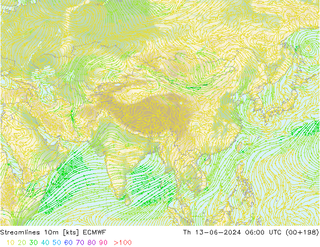 Streamlines 10m ECMWF Th 13.06.2024 06 UTC