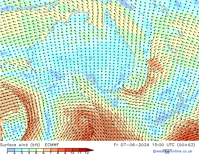 Surface wind (bft) ECMWF Fr 07.06.2024 15 UTC