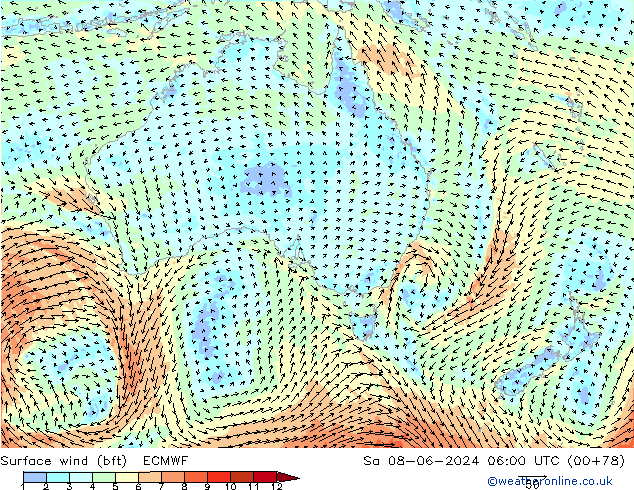 Vent 10 m (bft) ECMWF sam 08.06.2024 06 UTC