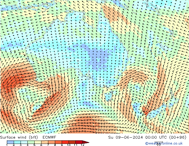 Vento 10 m (bft) ECMWF Dom 09.06.2024 00 UTC