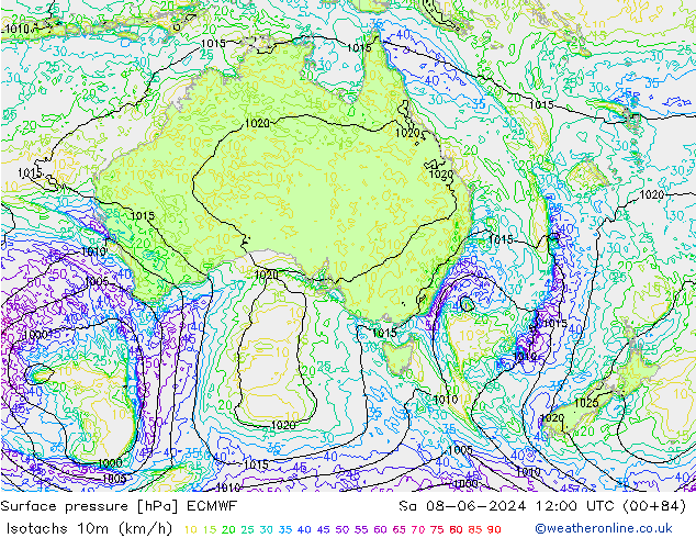 Isotachs (kph) ECMWF Sa 08.06.2024 12 UTC