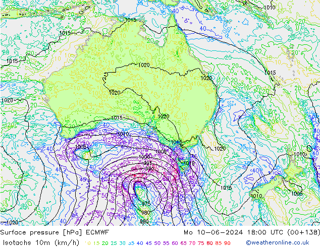 Izotacha (km/godz) ECMWF pon. 10.06.2024 18 UTC