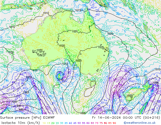 Eşrüzgar Hızları (km/sa) ECMWF Cu 14.06.2024 00 UTC