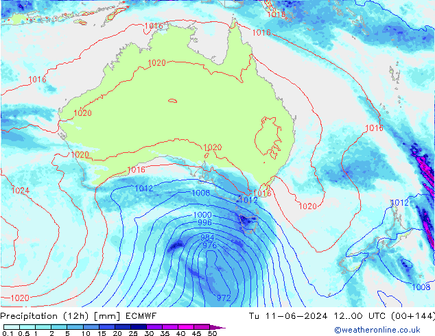 Precipitation (12h) ECMWF Út 11.06.2024 00 UTC