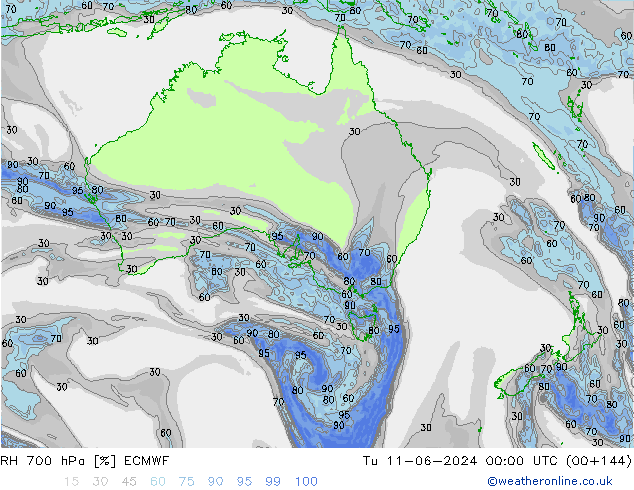 RH 700 hPa ECMWF Tu 11.06.2024 00 UTC