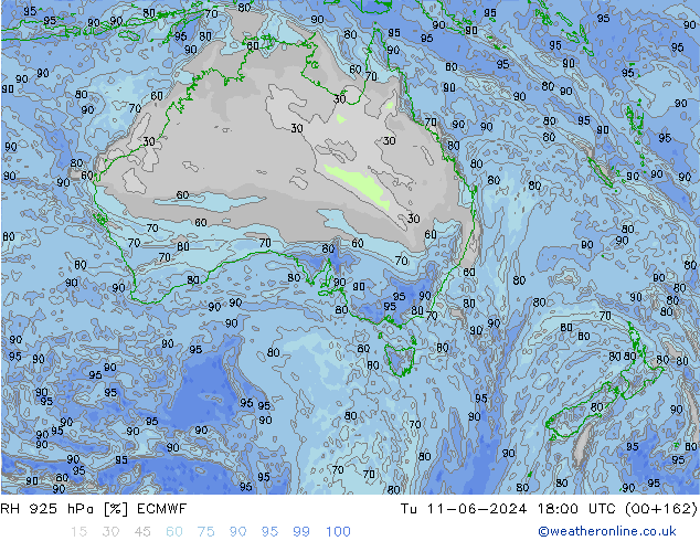 RH 925 hPa ECMWF Tu 11.06.2024 18 UTC