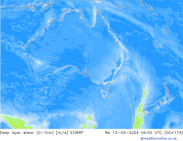 Deep layer shear (0-1km) ECMWF Qua 12.06.2024 06 UTC