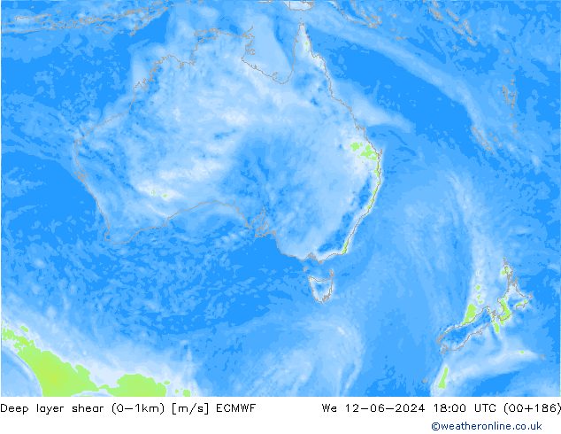 Deep layer shear (0-1km) ECMWF Qua 12.06.2024 18 UTC