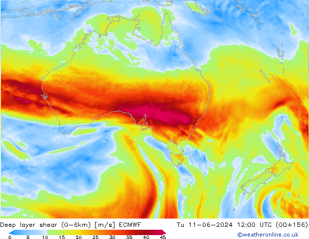 Deep layer shear (0-6km) ECMWF Tu 11.06.2024 12 UTC