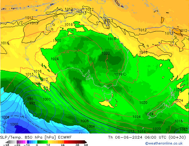 SLP/Temp. 850 hPa ECMWF jeu 06.06.2024 06 UTC