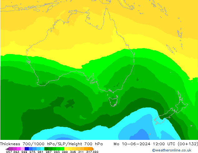 Thck 700-1000 hPa ECMWF Mo 10.06.2024 12 UTC