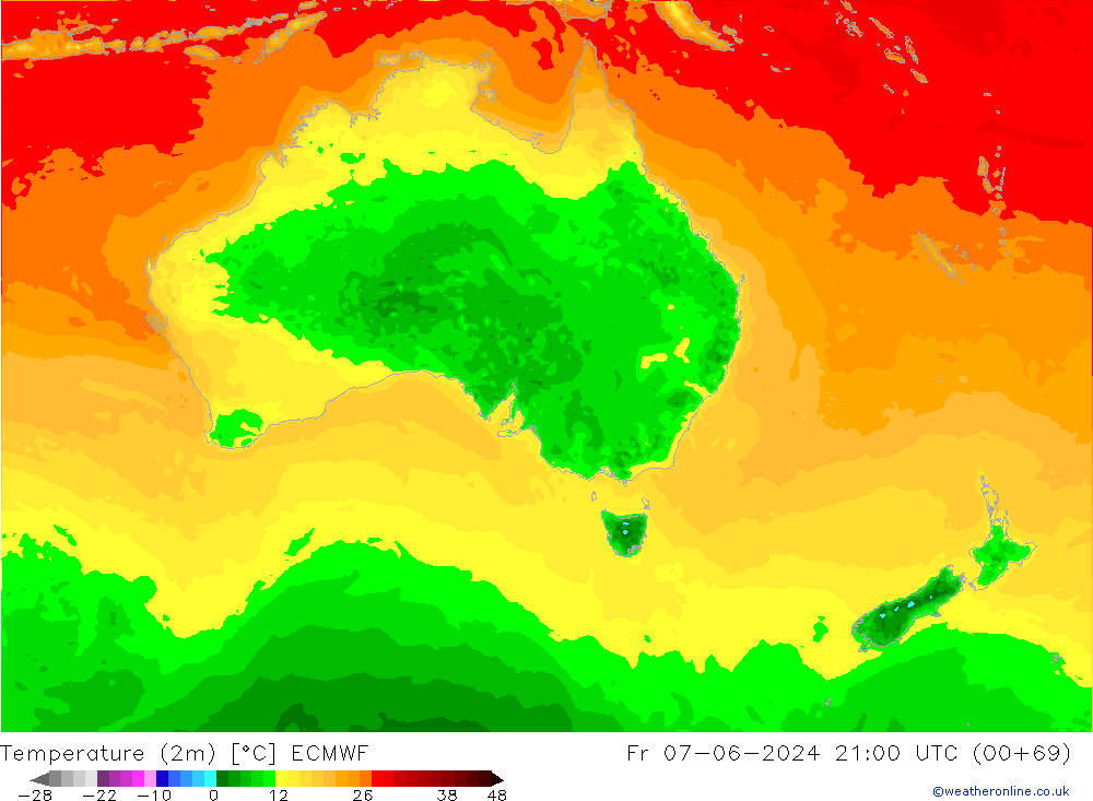 Temperature (2m) ECMWF Pá 07.06.2024 21 UTC