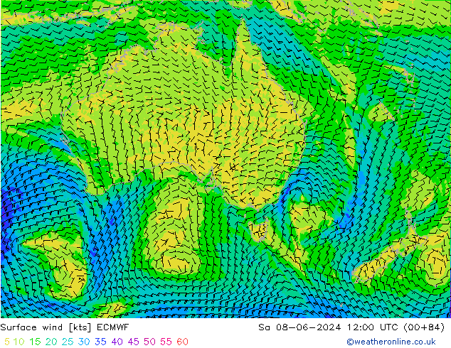 wiatr 10 m ECMWF so. 08.06.2024 12 UTC