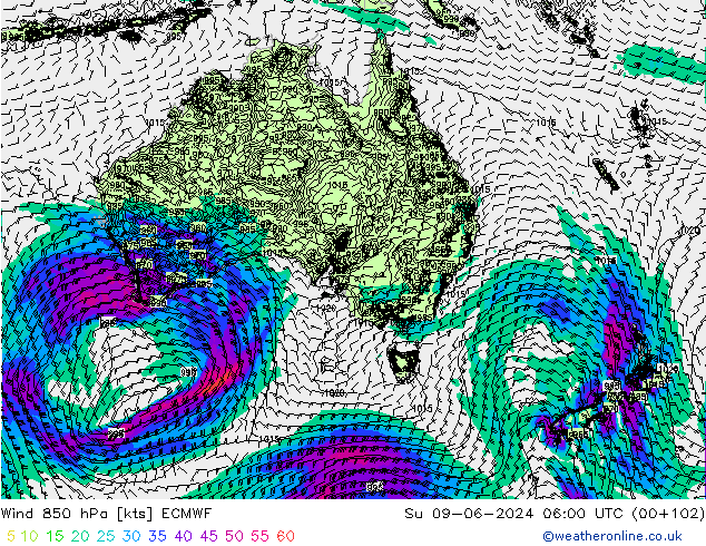 Wind 850 hPa ECMWF zo 09.06.2024 06 UTC