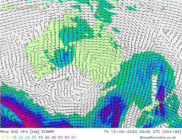 Vento 900 hPa ECMWF Qui 13.06.2024 00 UTC