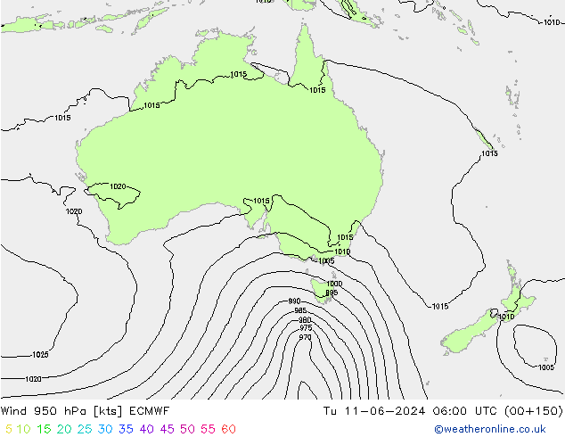 Wind 950 hPa ECMWF Út 11.06.2024 06 UTC