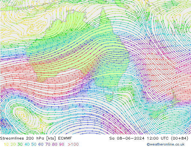 Streamlines 200 hPa ECMWF Sa 08.06.2024 12 UTC