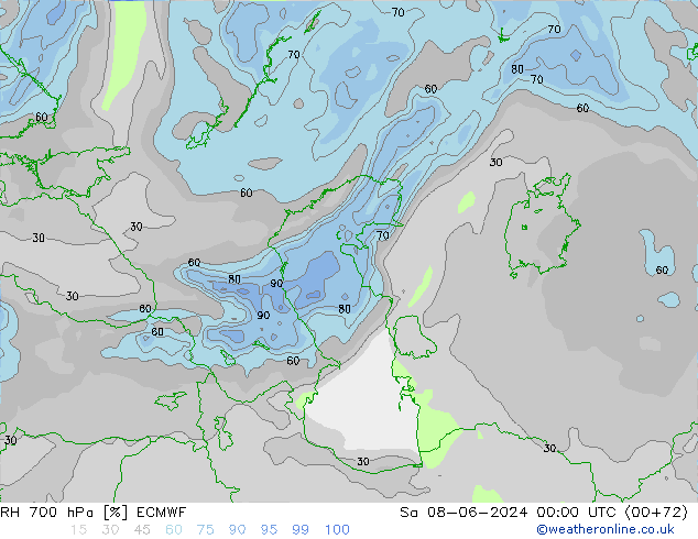 RH 700 hPa ECMWF sab 08.06.2024 00 UTC