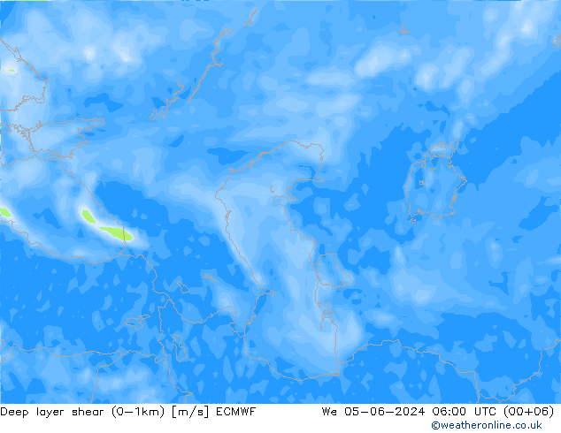 Deep layer shear (0-1km) ECMWF mer 05.06.2024 06 UTC