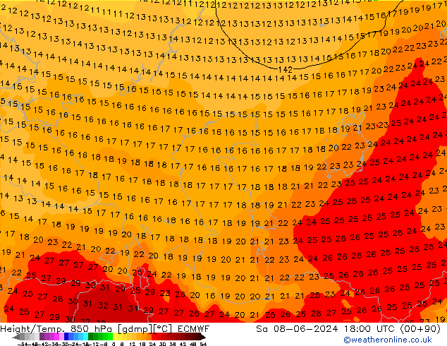 Height/Temp. 850 hPa ECMWF Sa 08.06.2024 18 UTC