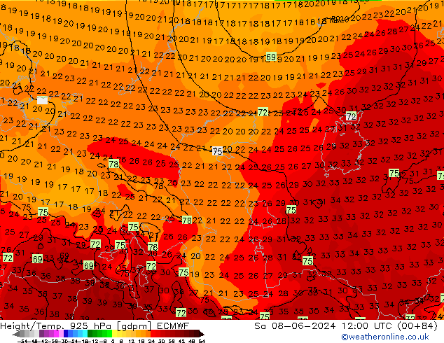 Height/Temp. 925 hPa ECMWF sab 08.06.2024 12 UTC