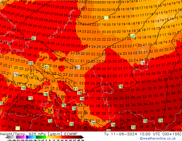 Height/Temp. 925 hPa ECMWF Tu 11.06.2024 12 UTC