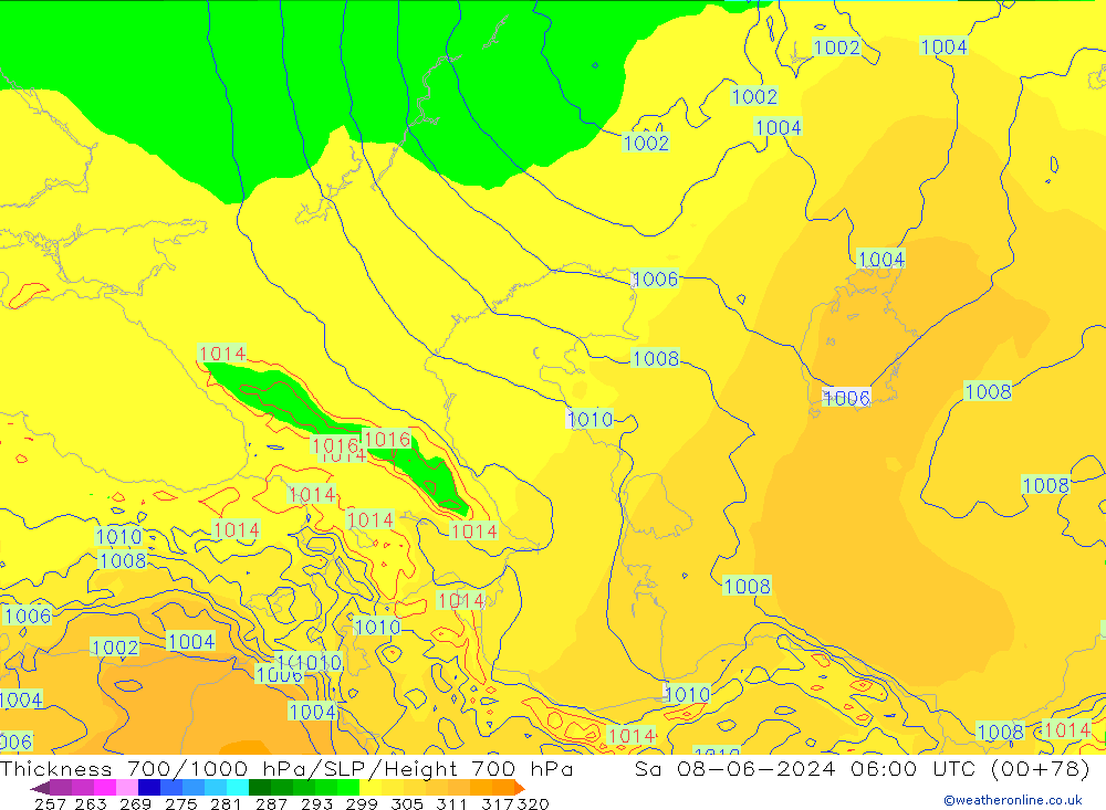 Thck 700-1000 hPa ECMWF Sa 08.06.2024 06 UTC