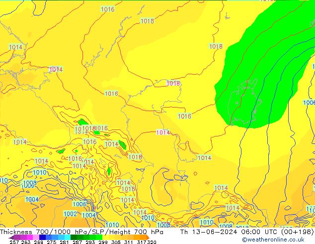 Thck 700-1000 hPa ECMWF Qui 13.06.2024 06 UTC