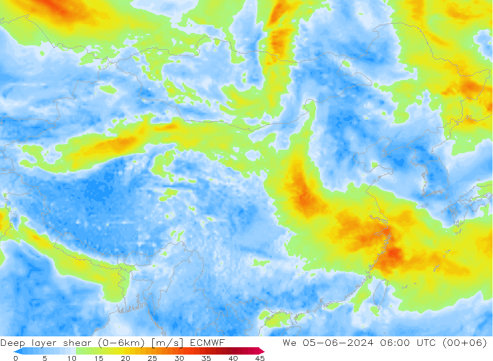 Deep layer shear (0-6km) ECMWF mer 05.06.2024 06 UTC