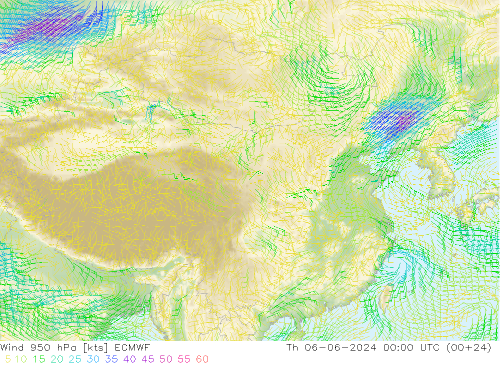 Wind 950 hPa ECMWF Th 06.06.2024 00 UTC