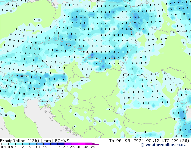 Totale neerslag (12h) ECMWF do 06.06.2024 12 UTC