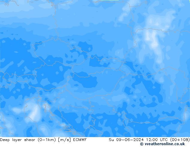 Deep layer shear (0-1km) ECMWF So 09.06.2024 12 UTC