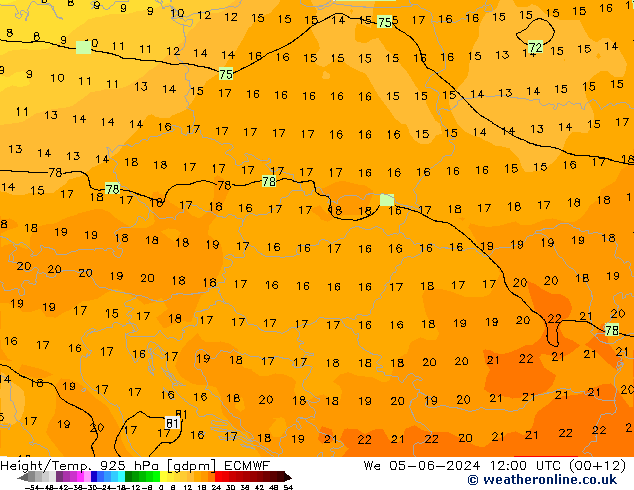 Géop./Temp. 925 hPa ECMWF mer 05.06.2024 12 UTC