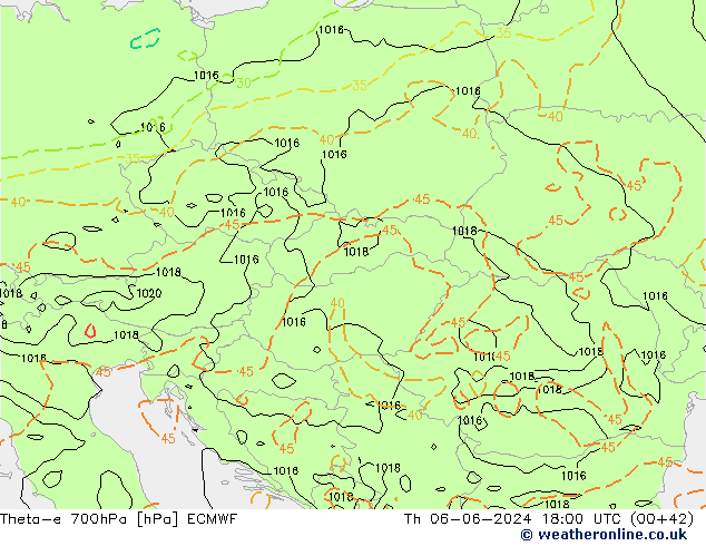 Theta-e 700hPa ECMWF jue 06.06.2024 18 UTC