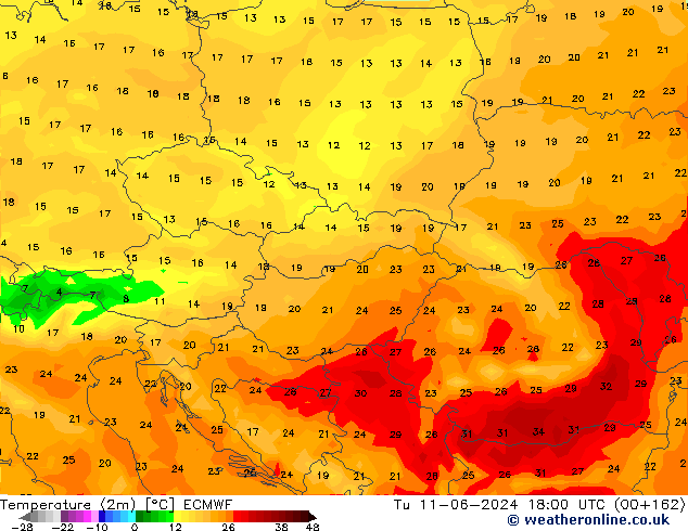 mapa temperatury (2m) ECMWF wto. 11.06.2024 18 UTC