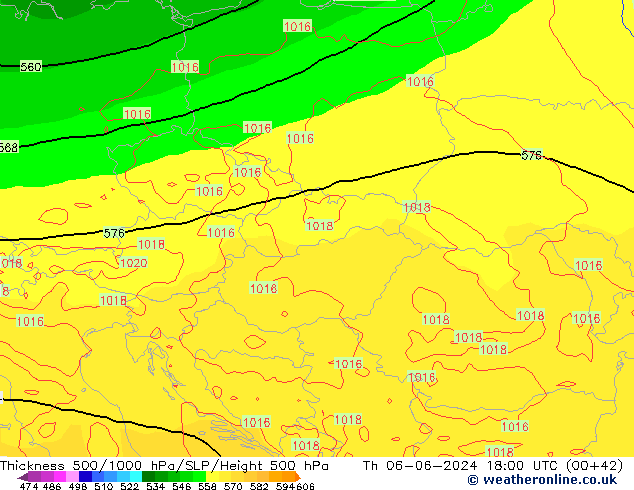 Espesor 500-1000 hPa ECMWF jue 06.06.2024 18 UTC