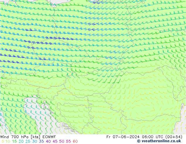 Wind 700 hPa ECMWF Pá 07.06.2024 06 UTC