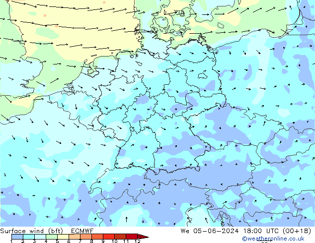 Surface wind (bft) ECMWF We 05.06.2024 18 UTC