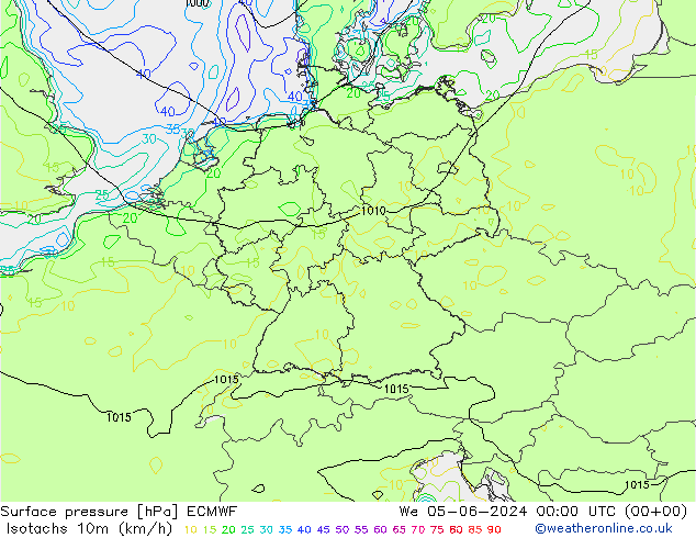 Izotacha (km/godz) ECMWF śro. 05.06.2024 00 UTC