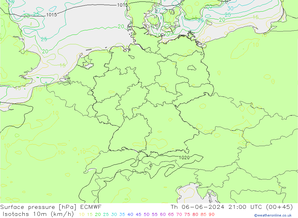 Isotachs (kph) ECMWF Th 06.06.2024 21 UTC