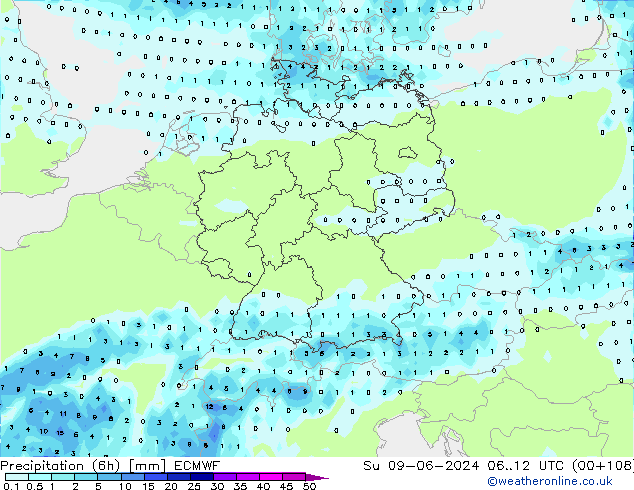 Prec 6h/Wind 10m/950 ECMWF Su 09.06.2024 12 UTC