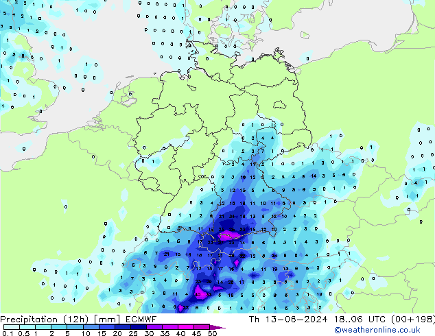 Precipitation (12h) ECMWF Th 13.06.2024 06 UTC