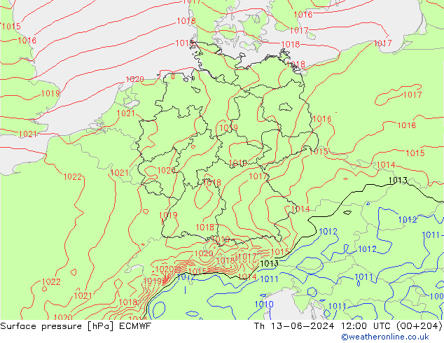 Surface pressure ECMWF Th 13.06.2024 12 UTC