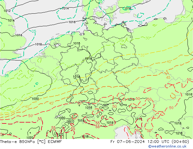 Theta-e 850hPa ECMWF Pá 07.06.2024 12 UTC