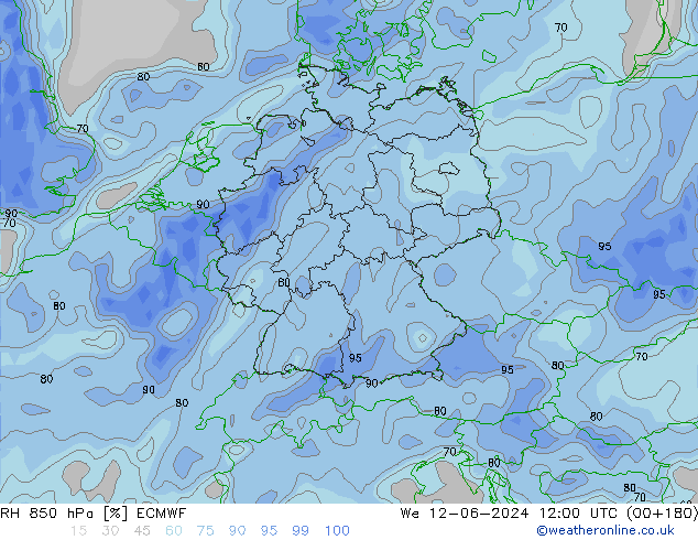 850 hPa Nispi Nem ECMWF Çar 12.06.2024 12 UTC