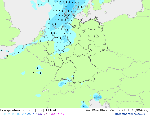 Precipitation accum. ECMWF 星期三 05.06.2024 03 UTC